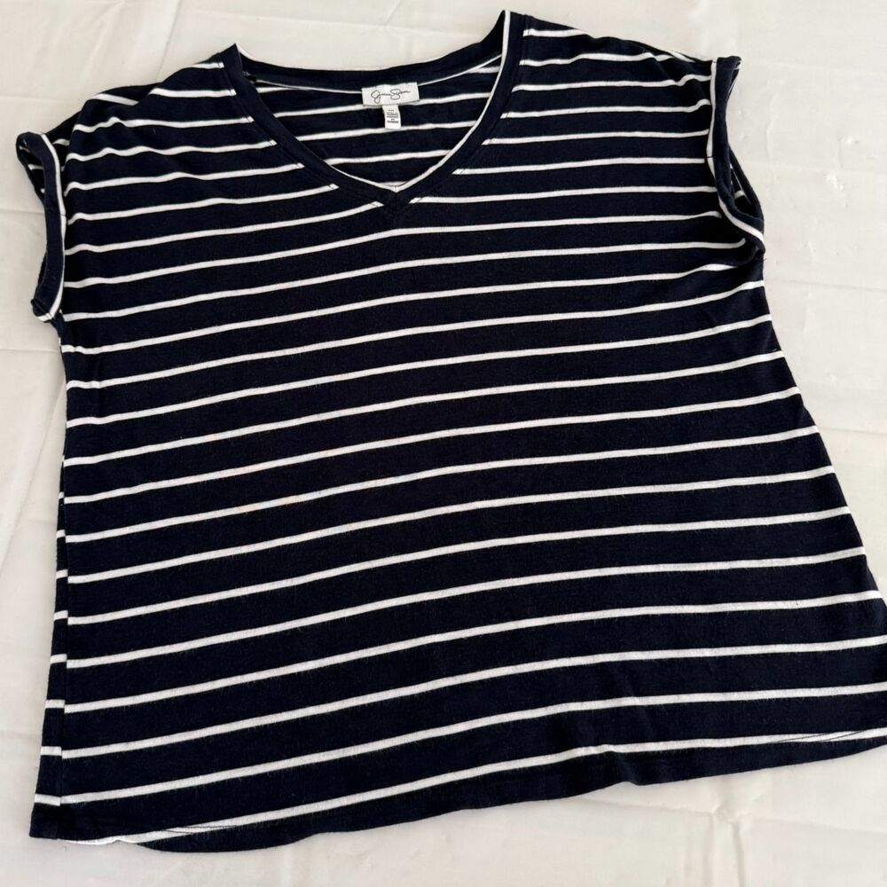 Jessica Simpson Women L Knit Top Blue White Striped V Neck Cap Sleeve Nautical